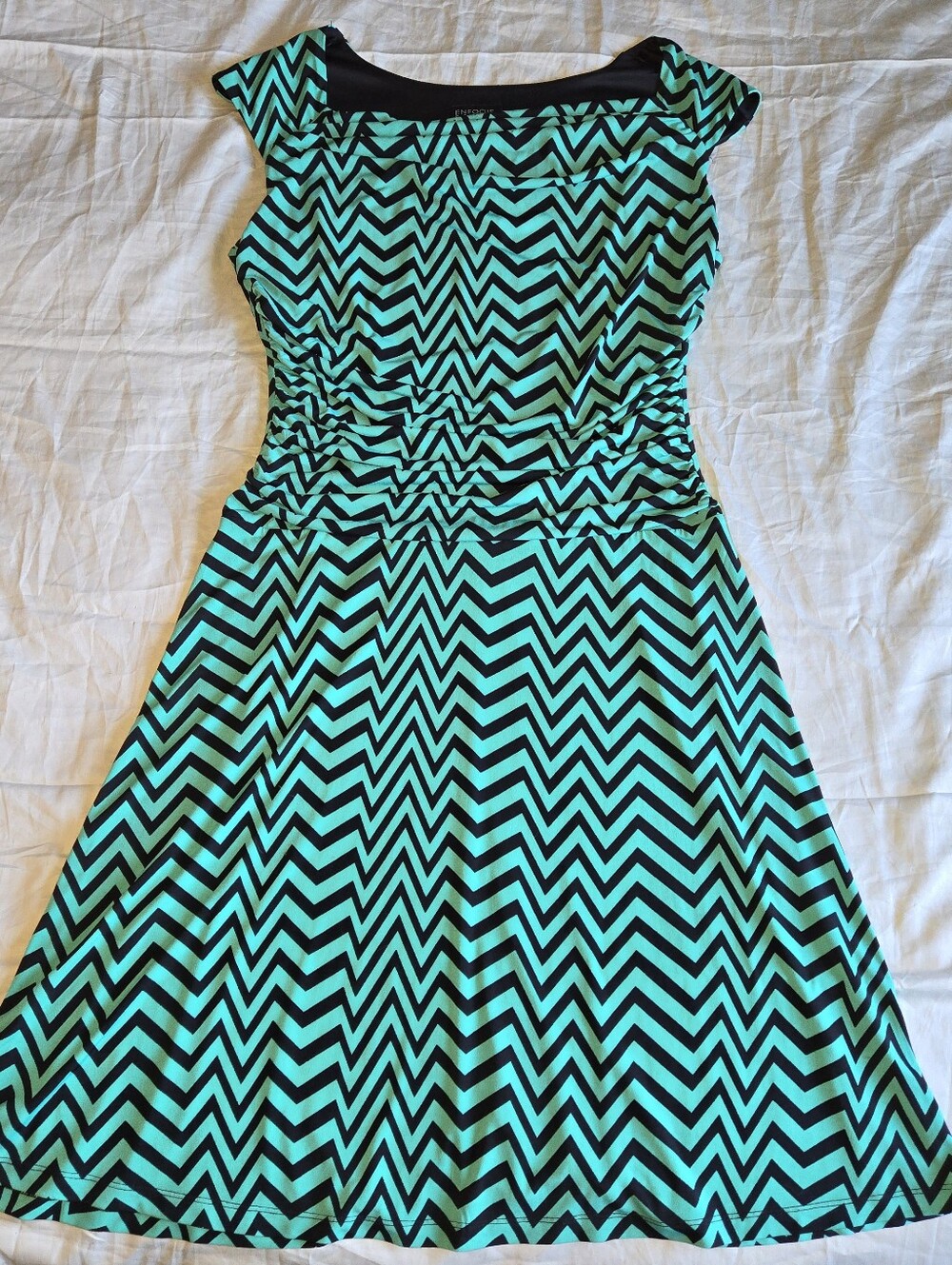 Enfocus Studio Teal & Black Chevron Cap-Sleeve Mini Dress